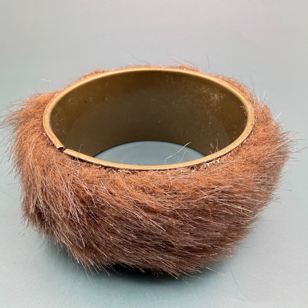Brown Faux Fur Wide Cuff Bracelet Gold Tone Statement Boho Glam Chunky Bangle